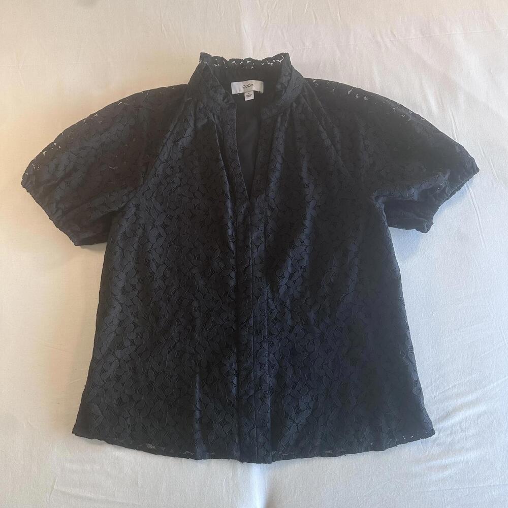 CeCe Women's Black Short Puff Sleeve Sleeve V-Neck Lace Blouse Size M